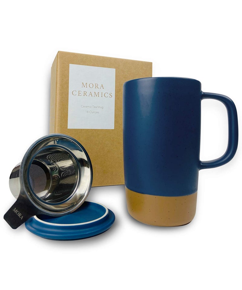 Mora Ceramics Large Tea Mug with Loose Leaf Infuser and Ceramic Lid, 18 oz, Portable, Microwave and Dishwasher Safe, Tall Coffee Cup - Rustic Matte Ceramic Glaze, Modern Herbal Tea Strainer, Deep Blue - Image 1